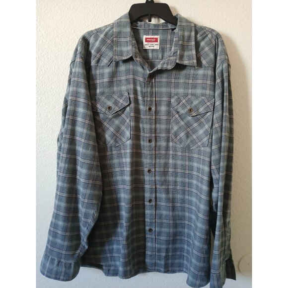 Wrangler Mens 2XL Casual Button Up Shirt Flannel Blue Plaid Long Sleeve Pockets - Picture 1 of 10
